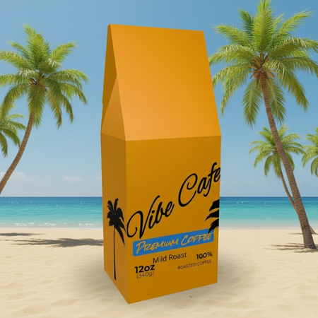 Orange coffee bag with 'Vibe Cafe' branding on a white background
